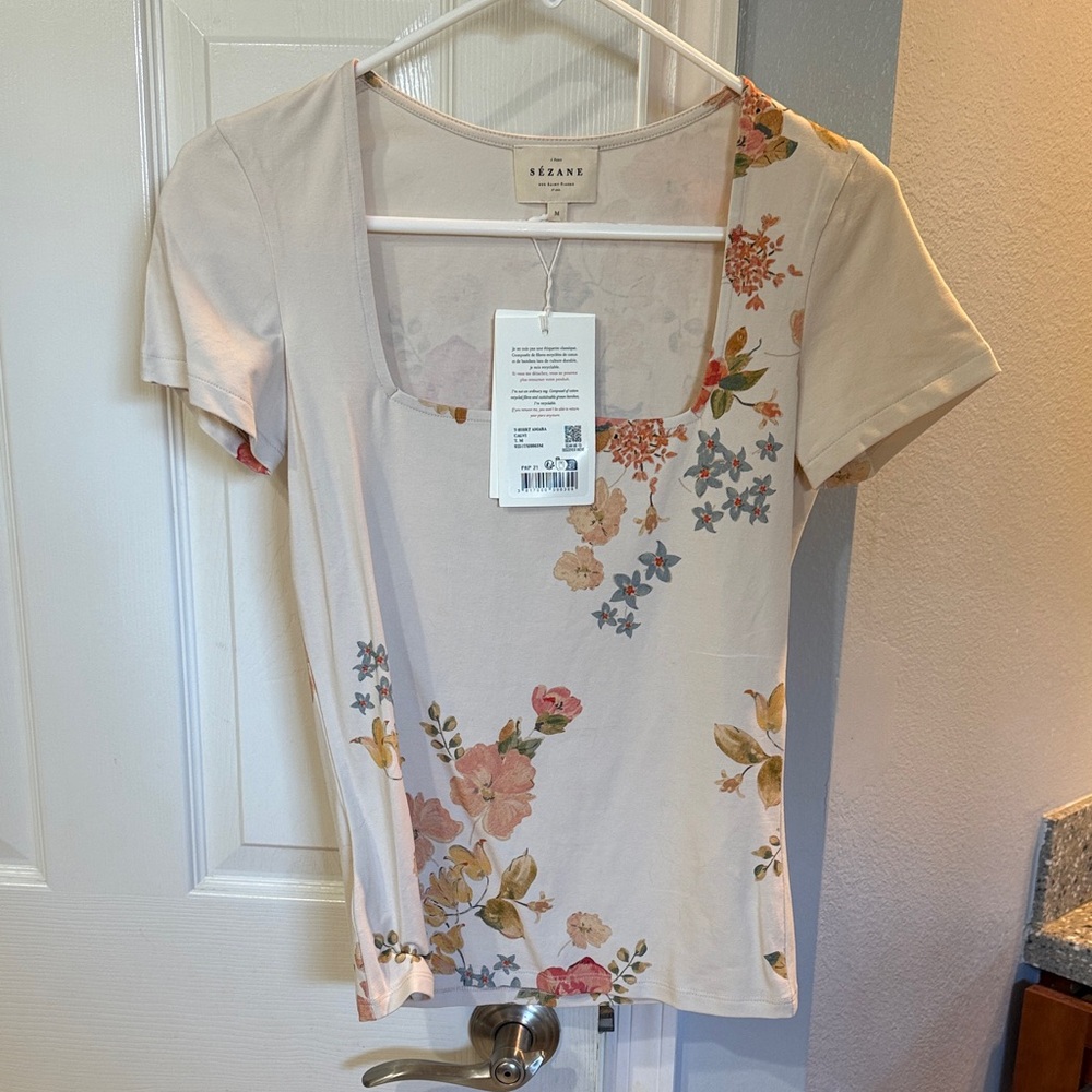 Sezane Floral Short Sleeve Top - Cream
